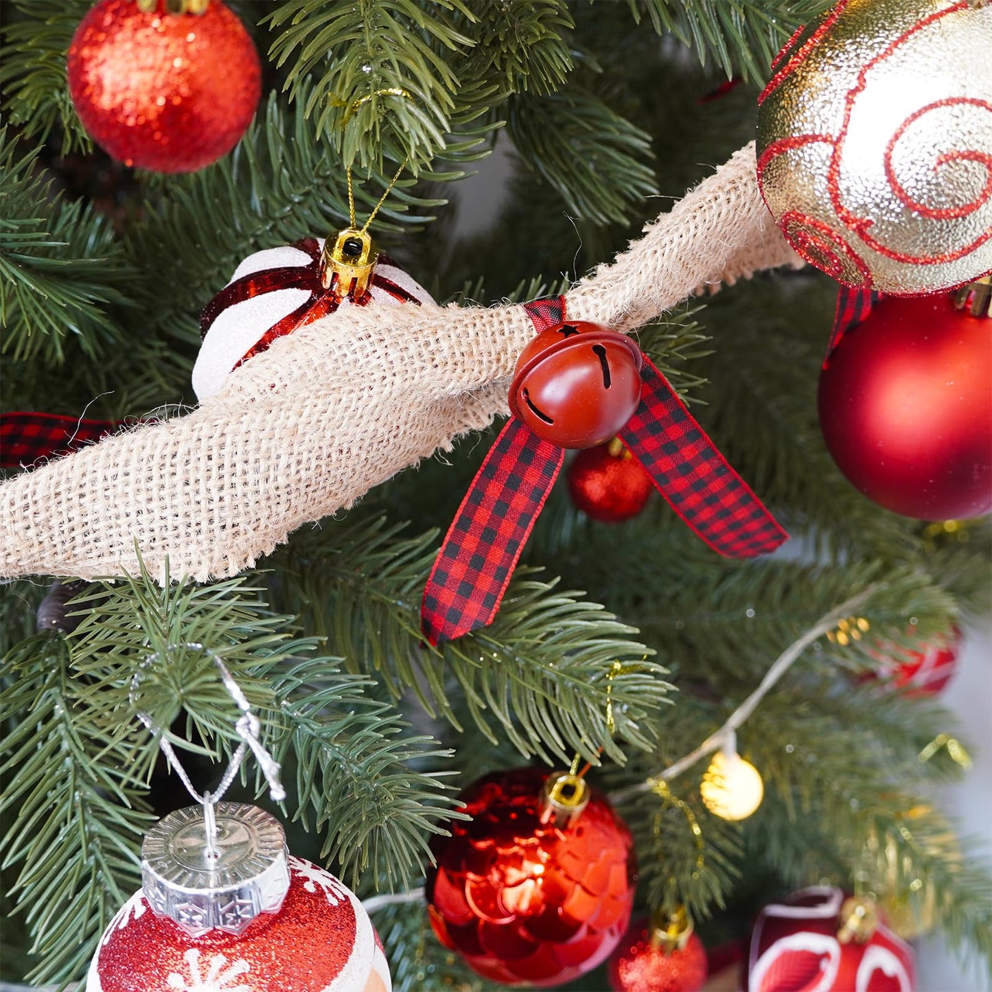 Winlyn Rustic Sleigh Bell Garland - 6 Yards Burlap with Buffalo Plaid Ribbon - Metal Jingle Bells - Farmhouse Christmas Tree & Banister Mantel Decoration