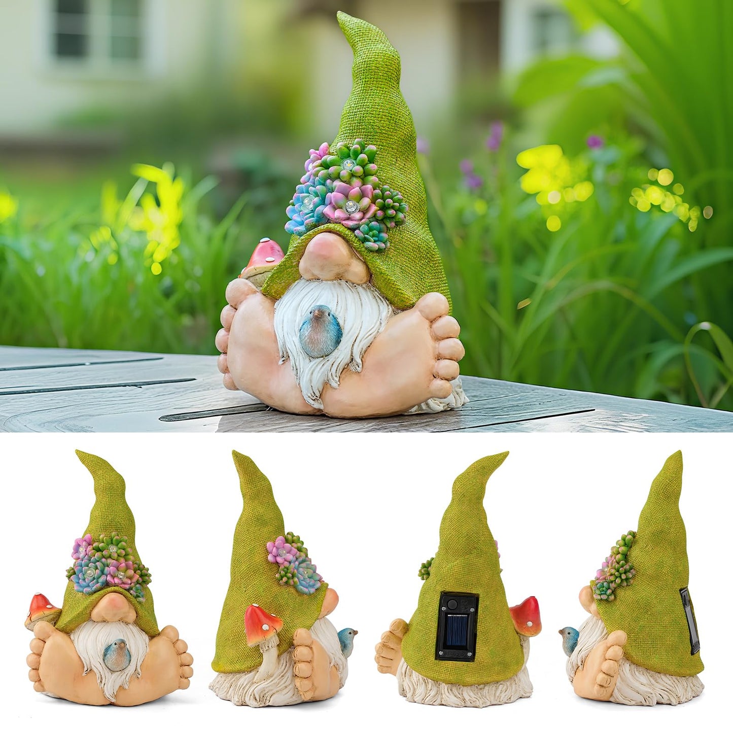 Joint Honglin Solar Succulent Gnome Garden Statue, Lighted Succulent Hat Gnome with Bird, Resin Fairy Garden Decor, Outdoor Waterproof Garden Gnome Figurine for Yard Lawn Patio Porch