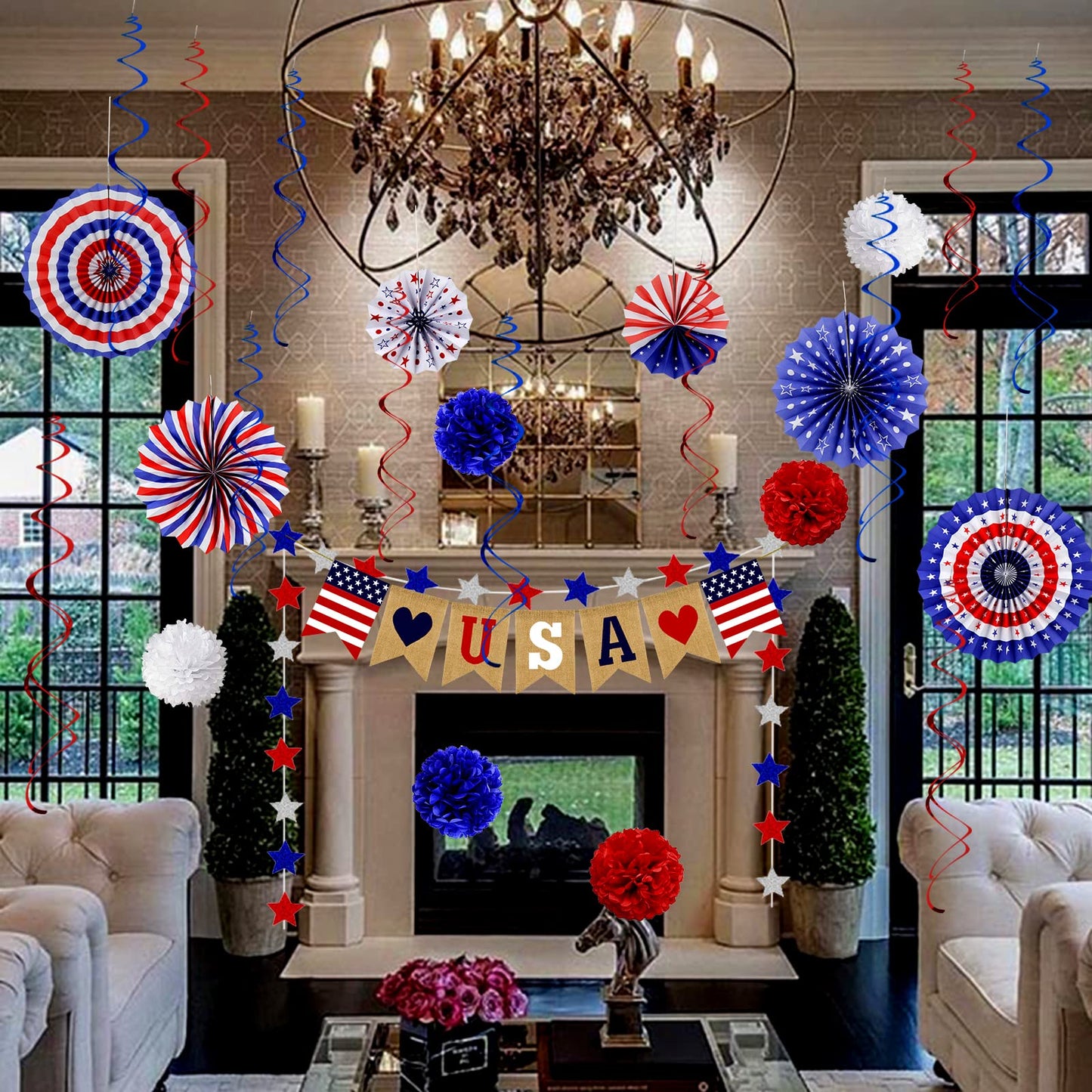 26Pcs Patriotic Decorations 4th of July Decorations LOVE USA Banner Red White Blue Paper Fans Star Streamer Pom Poms Hanging Swirls for Veterans Labor Presidents Flag Memorial Day
