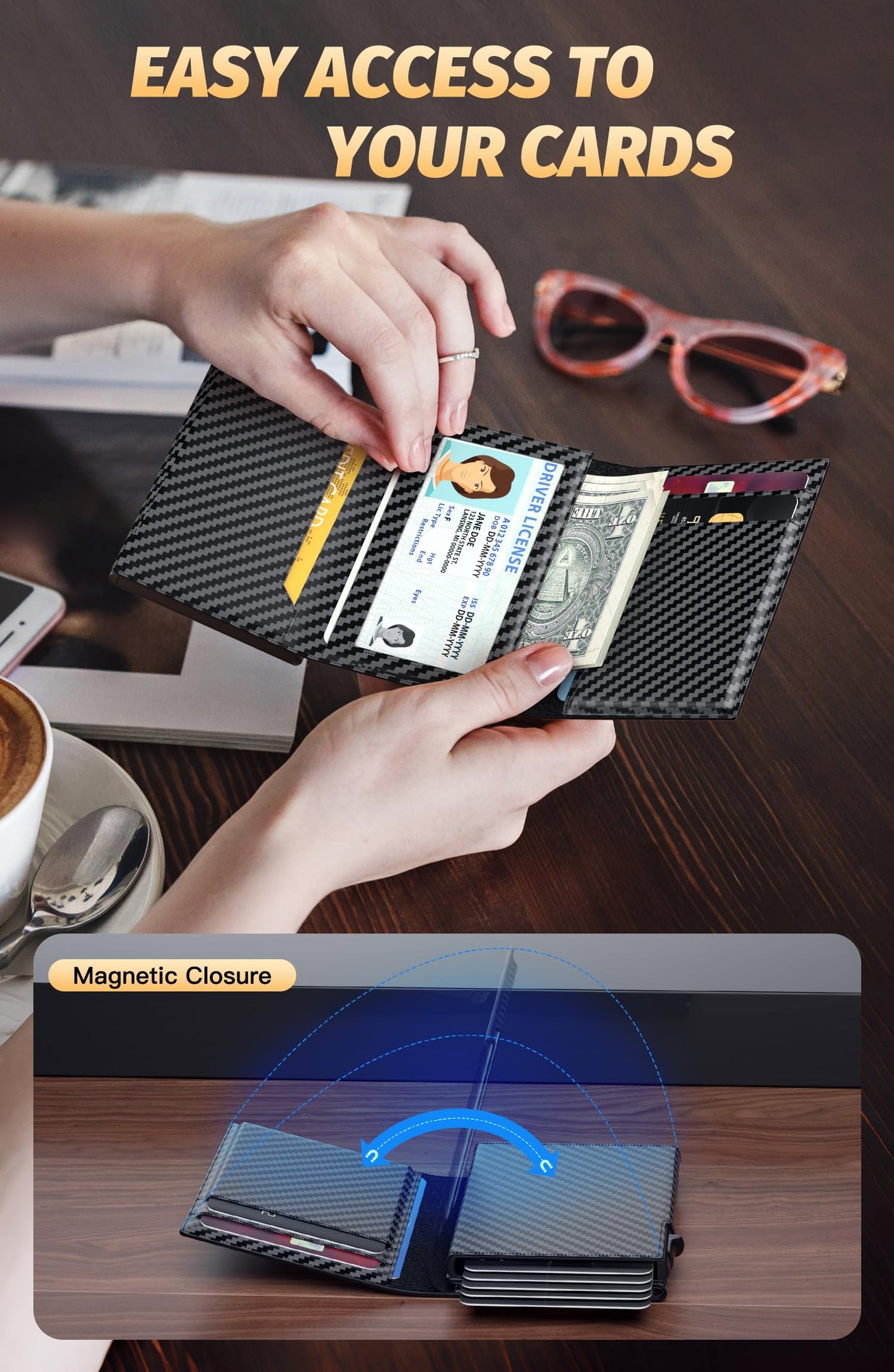 FIYUM Wallet for Men, Minimalist Wallets with Cash Pocket & 9-13 Cards, ID Window Metal Case Smart Slim Pop Up Credit Card Holder Flip with Magnetic Closure RFID Blocking Trifold Wallet with Gift Box