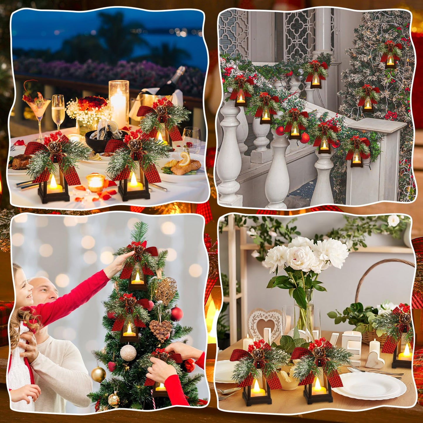 Set of 6 Christmas Mini Decorative Lanterns with Flickering LED Flameless Candle Hanging Lantern Decoration Bulk with Buffalo Plaid Bow Battery Included for Xmas Party (Red Plaid Bow)