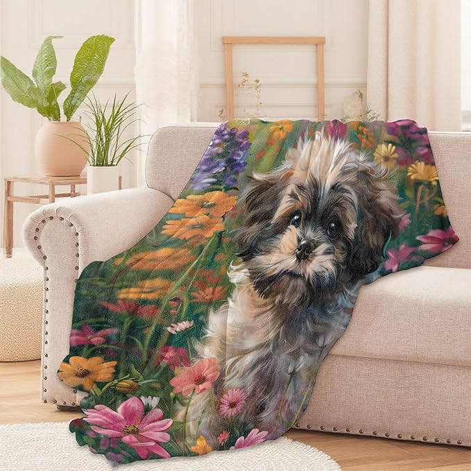 Cute Dog Flower Field Throw Blanket – Colorful Floral Design, Cozy Warm Flannel Blankets, All Season Use, Kids Boys Girls and Pet Lovers Gifts, 50x60in, Sofa Office Dorm Travel RV Decoration