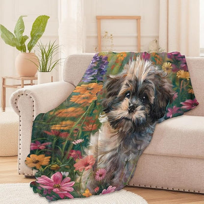 Cute Dog Flower Field Throw Blanket – Colorful Floral Design, Cozy Warm Flannel Blankets, All Season Use, Kids Boys Girls and Pet Lovers Gifts, 50x60in, Sofa Office Dorm Travel RV Decoration