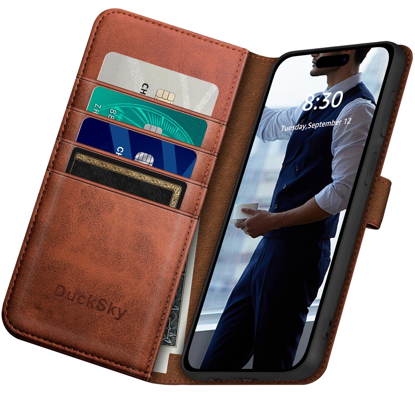 DuckSky Compatible with iPhone 17 Pro Max 6.9" Genuine Leather Wallet case【RFID Blocking】【4 Credit Card Holder】【Real Leather】 Flip Phone case Cover Women Men for Apple 17 Pro Max case Light Brown