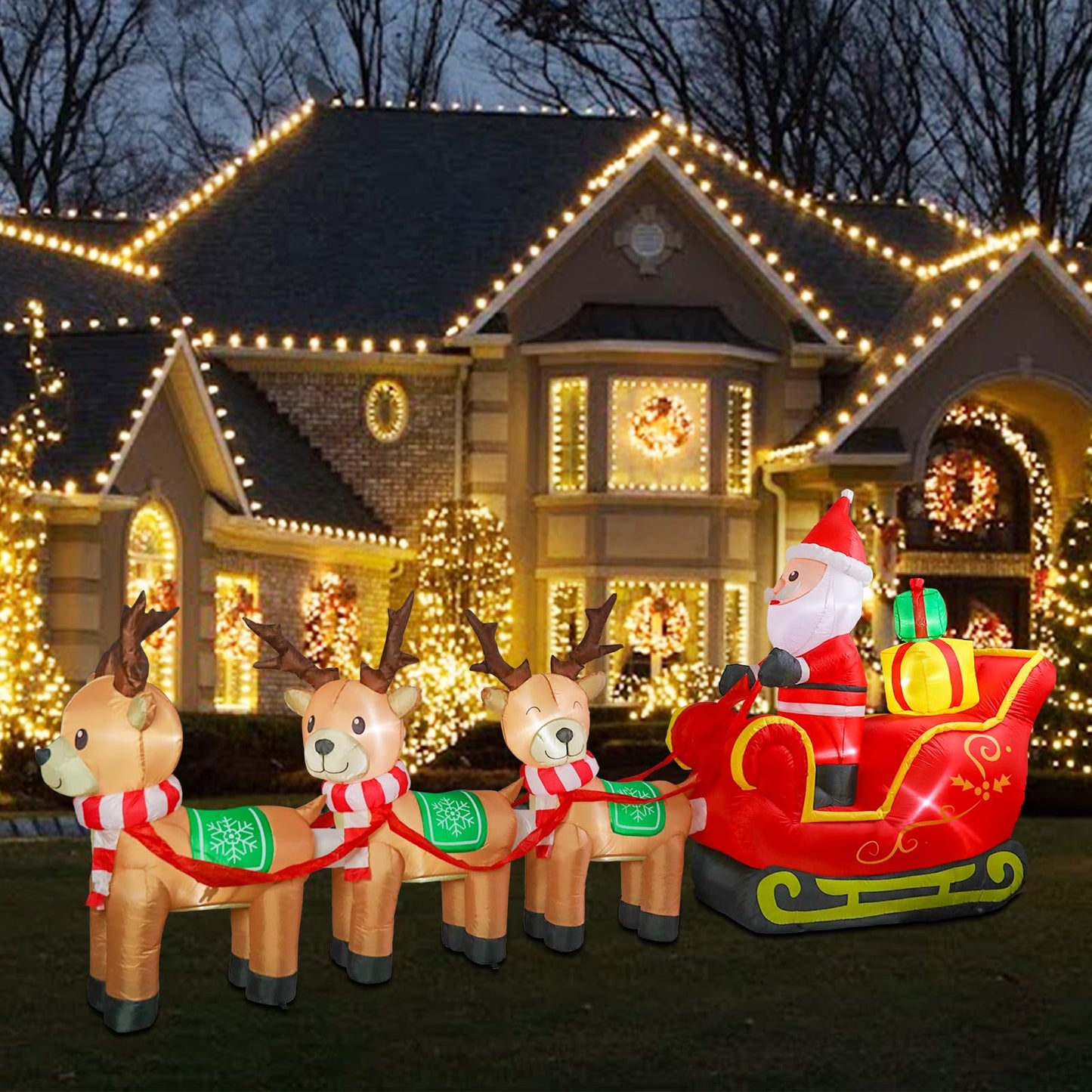 MUMTOP 12FT Long Christmas Inflatables Outdoor Decorations, Inflatables Santa Claus Sleigh with Reindeer Christmas Blow up Yard Decorations Built-in LED Lights for Outdoor Party Holiday Decor