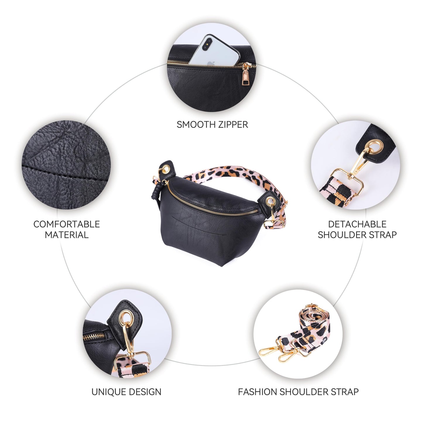 Fanny Packs Waist Bag for Women-Fashion Crossbody Bags Chest Purses Belt Bag with 2 Adjustable Strap (Black)