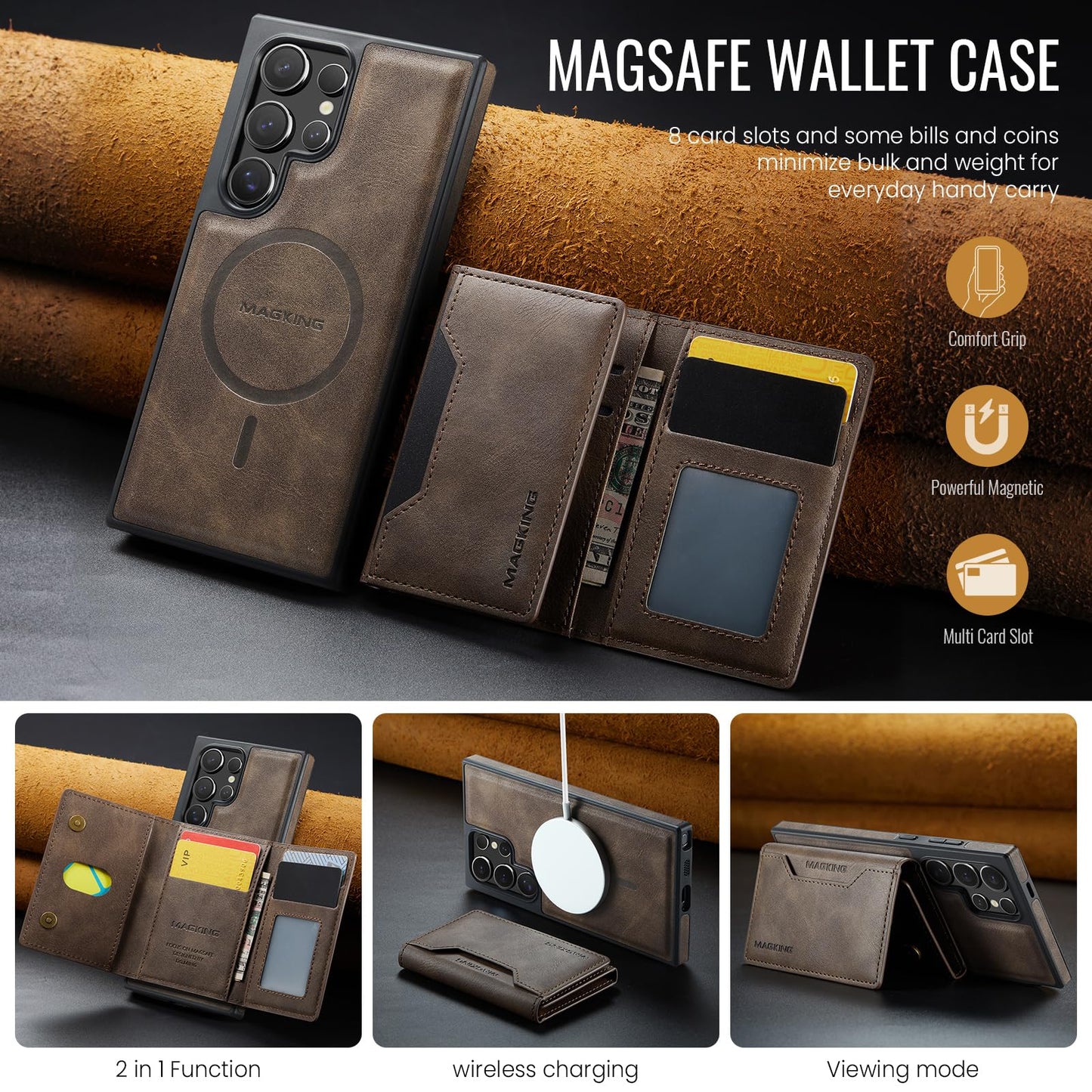 SZHAIYU K2 2 in 1 Detachable Magnetic Phone Cases Compatible with Samsun Galaxy S24 Ultra Case with Card Holder RFID Blocking, Compatible with Magsafe Wallet, Leather 6.8'' (S24 Ultra,Coffee)