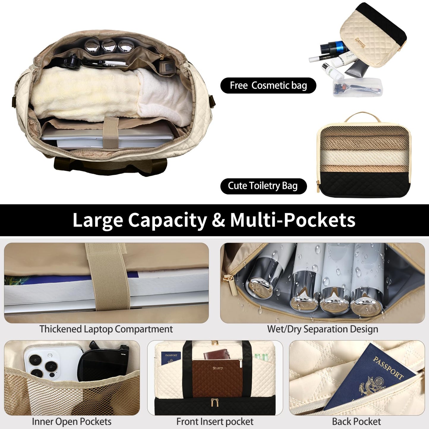 Stuery Weekender Bags for Women with Toiletry Bags: Large Overnight Bags Travel Duffel Bag Carry On Shoulder Weekend Tote with Shoe Compartment and Wet Pocket for Girls Airplane Traveling