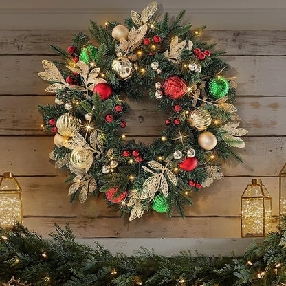 Christmas Lighted Wreath for Front Door, 28 Inches Pre-Lit 35 LED Lights, Red and Green Classic Artificial Holiday Wreath for Indoor Outdoor Home Decorations
