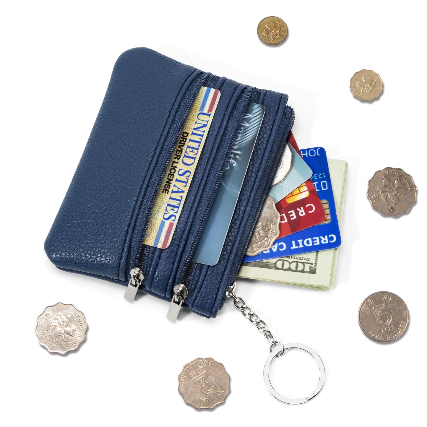 Chelmon 2 Pack Coin Purse Pouch Change Card Holder Wallet with Keychain for Women and Men (Black & Blue)