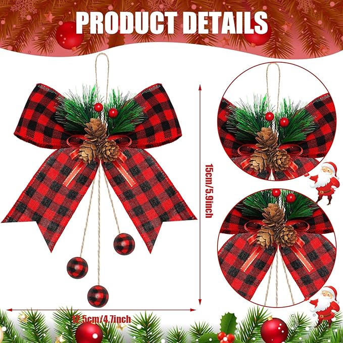 Xinnun 8 Pieces Christmas Buffalo Plaid Bows with Pine Cones Pine Needles Xmas Plaid Bow Ornament Christmas Tree Wreath Decoration for Holiday Parties DIY Crafts Home Decor (Red,Black)