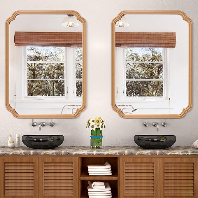 Wood Bathroom Mirror for Over Sink, 30" x 40" Modern Rounded Corner Rectangle Wall Mirror for Bathroom Vanity Decorative with Rustic Wooden Framed (Horizontal/Vertical)