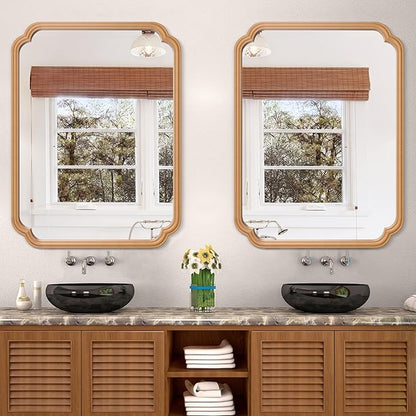 Wood Bathroom Mirror for Over Sink, 30" x 40" Modern Rounded Corner Rectangle Wall Mirror for Bathroom Vanity Decorative with Rustic Wooden Framed (Horizontal/Vertical)