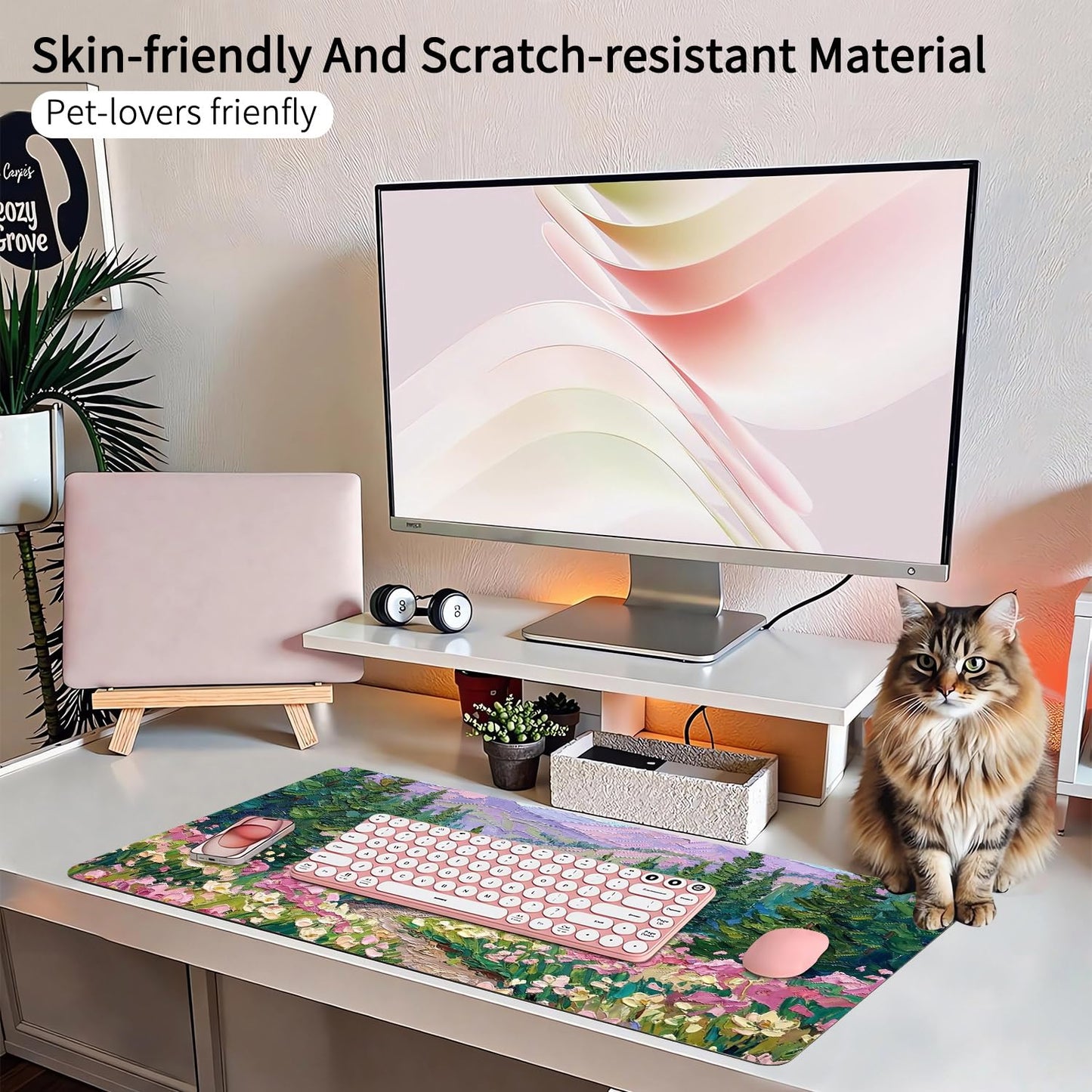 CozyNestCY Oil Painting of Flowers Office Desk Mat 27.6'‘ x 13.8’' Desktop Mat PU Leather Large Mouse Pad Green Mousepad Non-Slip Table Mat for Girls, Women, Home, Work, Computer, and Gaming