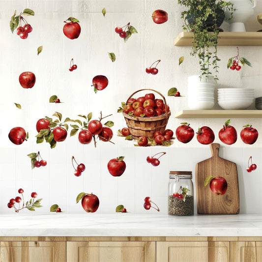 Apple Wall Stickers Vintage Fruit Wall Sticker Watercolor Red Cherry Apples Decals Peel and Stick Kitchen Stickers Retro Country Fruit Wall Decals for Nursery Bedroom Cabinet Decor