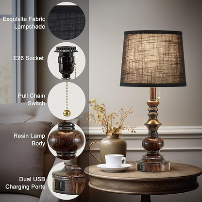 22'' Bedside Lamps for Bedroom Set of 2 Rustic Farmhouse Nightstand Lamps with USB A+C Charging Ports Traditional Table Lamps for Living Room Office, Wooden Finish, Black, Bulbs Not Include