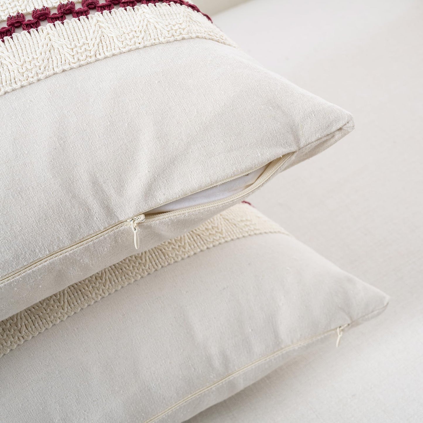 Fancy Homi Set of 1 Burgundy Boho Long Lumbar Decorative Throw Pillow Cover 14x24 Inch for Couch Bed Sofa, Aesthetic Modern Farmhouse Christmas Room Decor, Soft Cotton Cute Wind Red Cushion Case