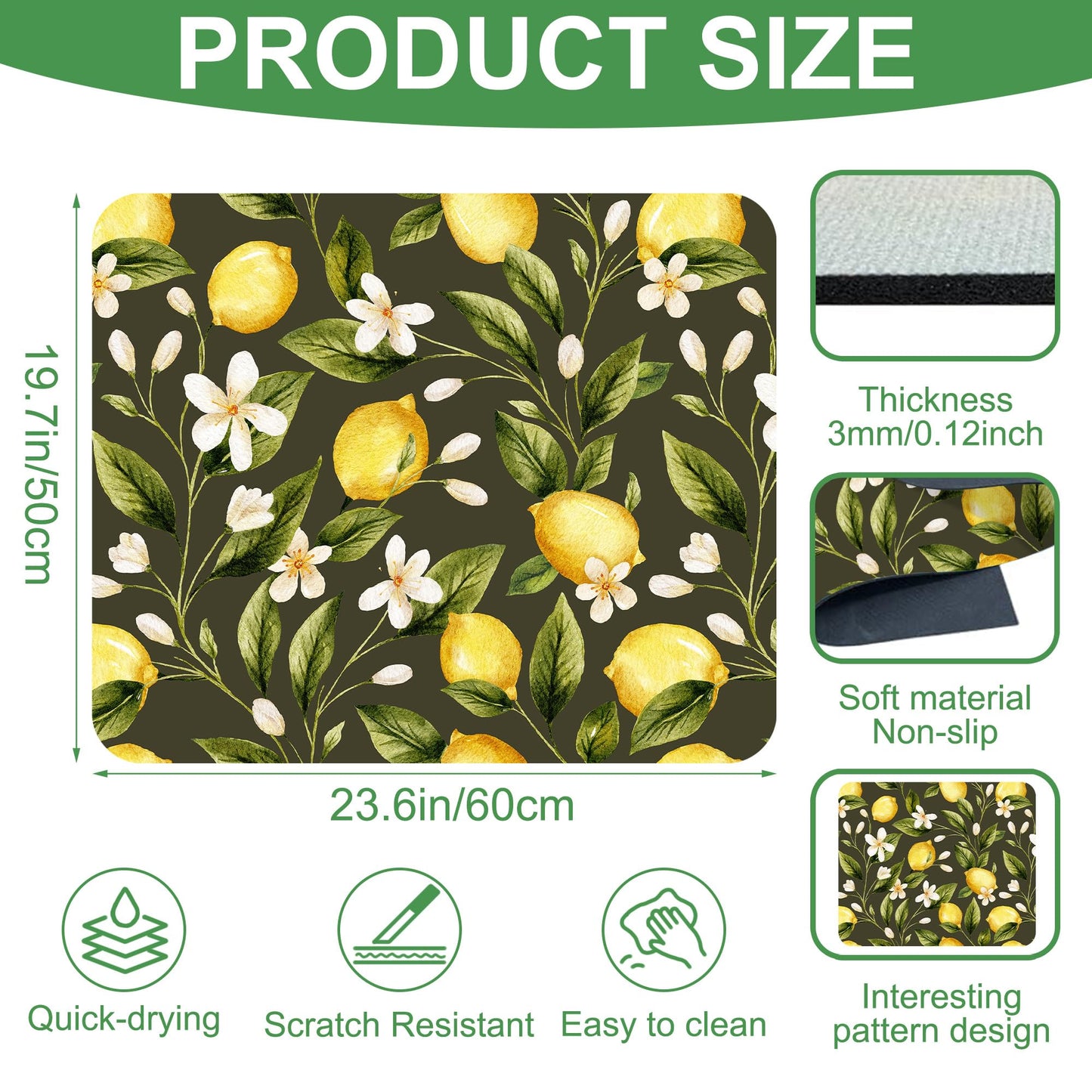 Yellow Lemon with Flowers Washer and Dryer Covers For The Top, Non-slip Fast Drying Absorbent Dryer Top Protector Mat for Kitchen Laundry Room Decor,23.6"x19.7"