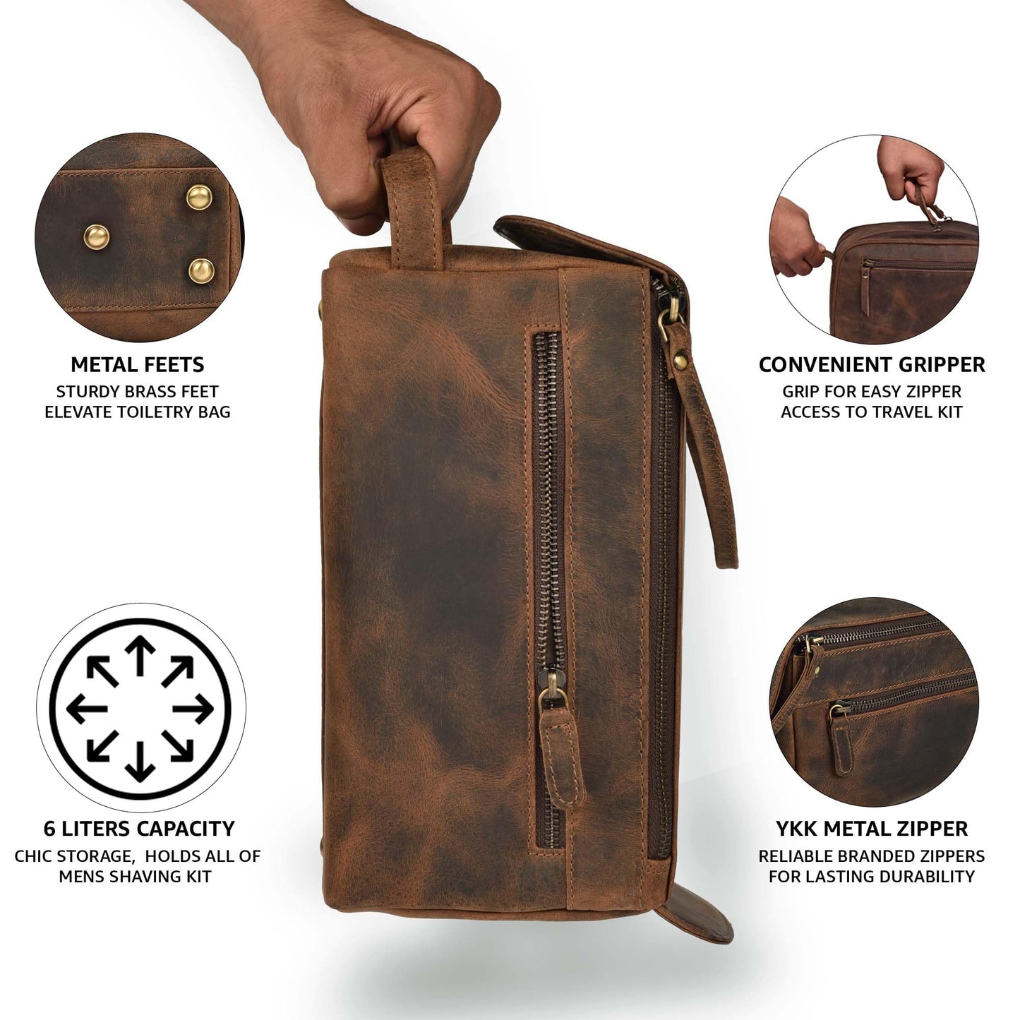 LEATHER VILLAGE Genuine Leather Travel Toiletry Bag - Water-Resistant Dopp Kit for Toiletries, Large Shaving Bag & Bathroom Organizer - Gift for Men & Women - Rustic Brown