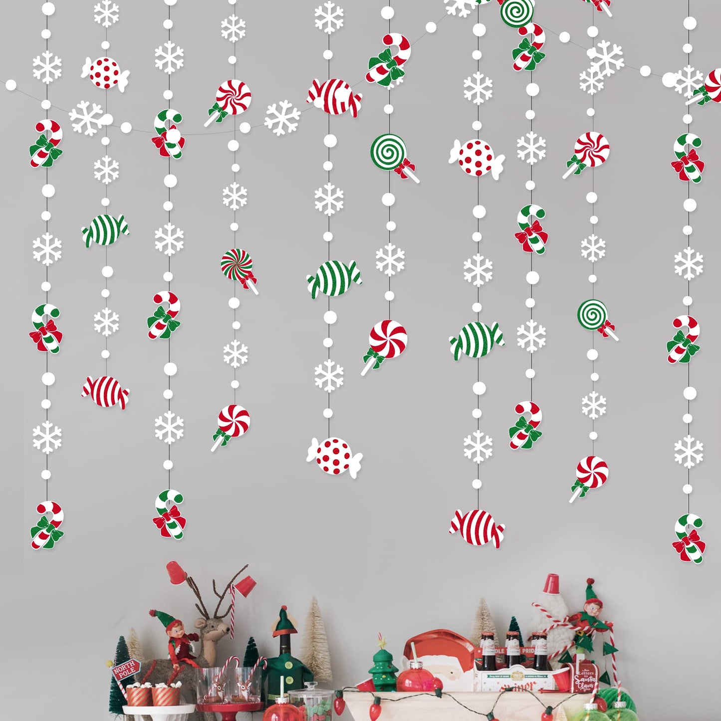 52 Ft Candyland Christmas Decorations Garland Red Green Sweet Candy Cane Lollipop White Snowflake Dot Glitter Paper Hanging Streamer Banner for Merry Christmas Winter Holiday Xmas Party Supplies