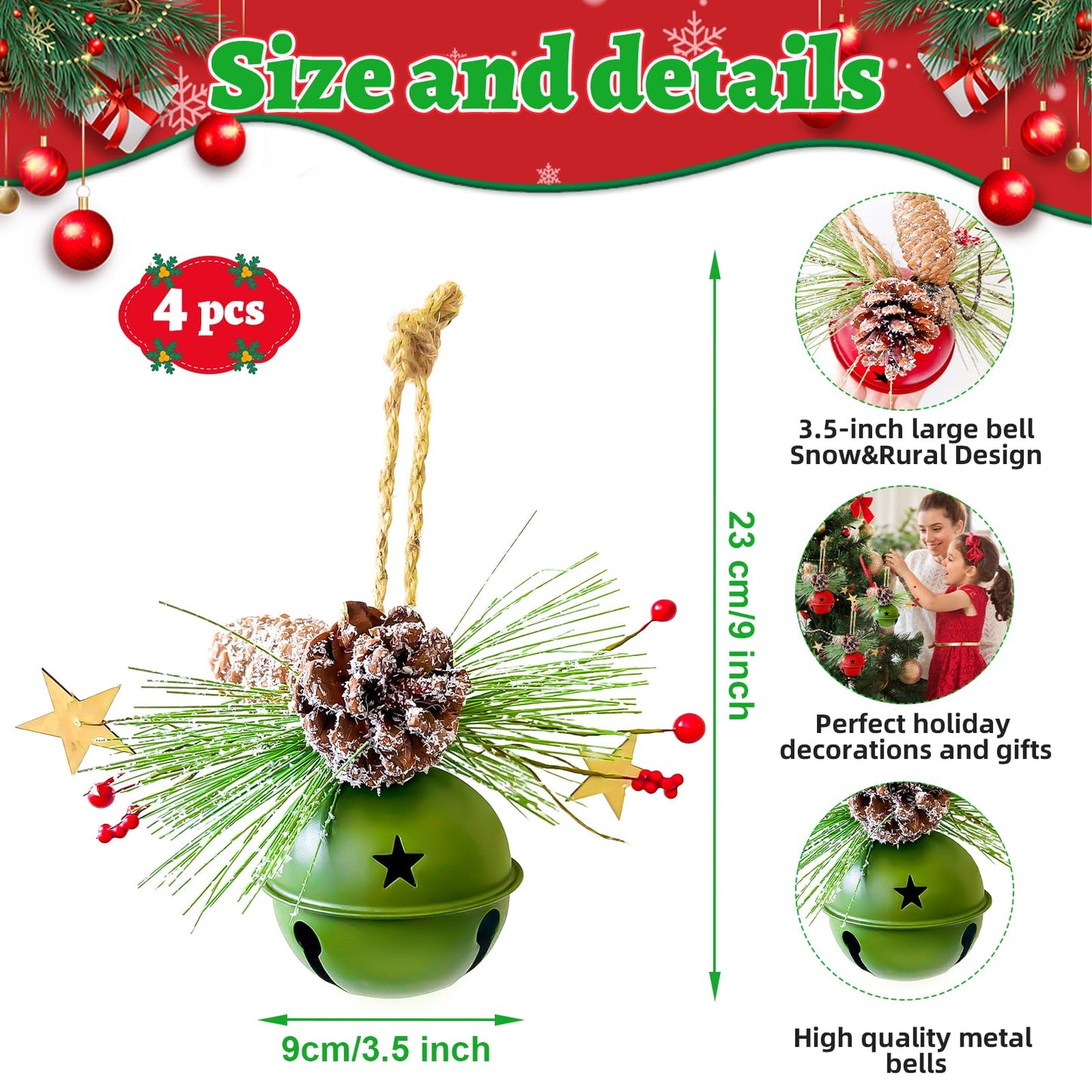 4 Pack Christmas Hanging Jingle Bells Ornaments, Red and Green 3.5 Inch Metal Bells with Frosted Pinecones, Snowy Pine Leaves and Berries, Rustic Xmas Decorations for Tree, Door, Fireplace Party Décor