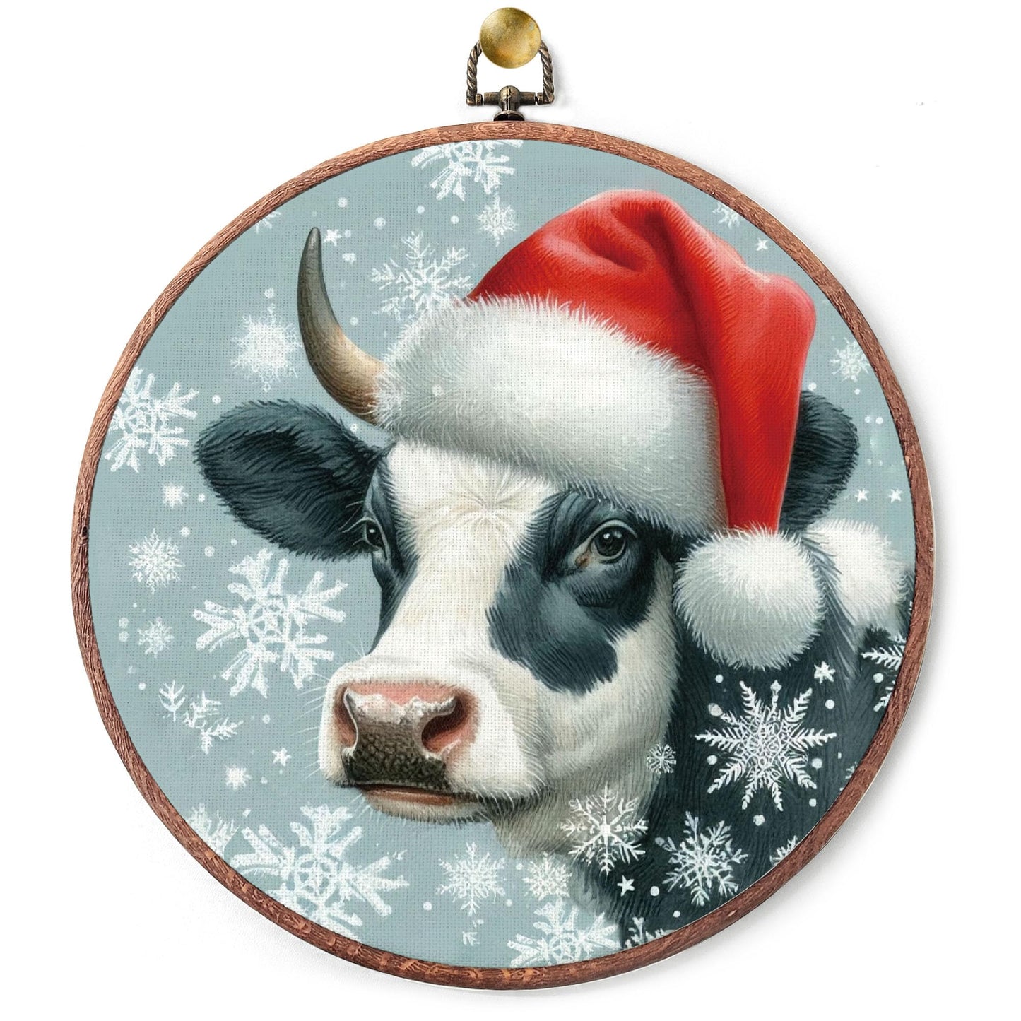 heiyihe Round Christmas Canvas Hanging Prints, 10x10 Inches Round Christmas Highland Cow Wall Art Decor, Holiday Embroidery Kit Decor for Home Living Room, Xmas Gift Ideas for Family Friends-A14