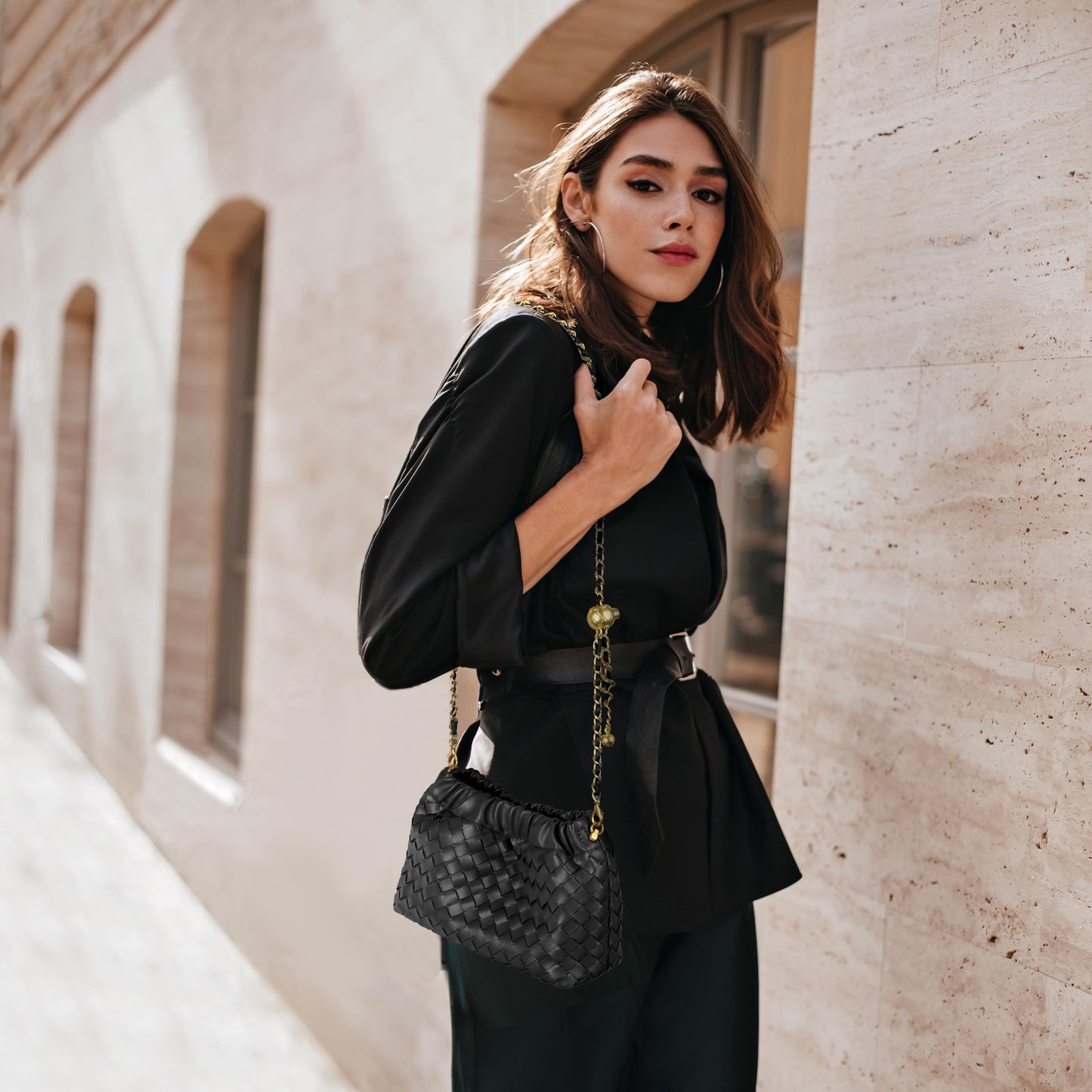 Joryin Woven Women's Crossbody Bag & Evening Purse, Trendy Dumpling Clutch & Hobo Cloud Shoulder Bag Trendy Dumpling Clutch Vegan Leather, Black