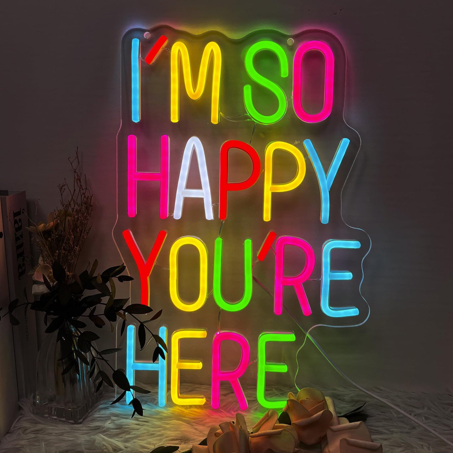 I’m So Happy You Are Here Neon Sign, Dimmable LED Light Up Neon Sign for Girls Bedroom Club Wedding Bachelorette Valentine's Day Party Wall Decor Birthday Christmas Gift for Daughter Teen Girls Friends (I’m So Happy You Are Here)