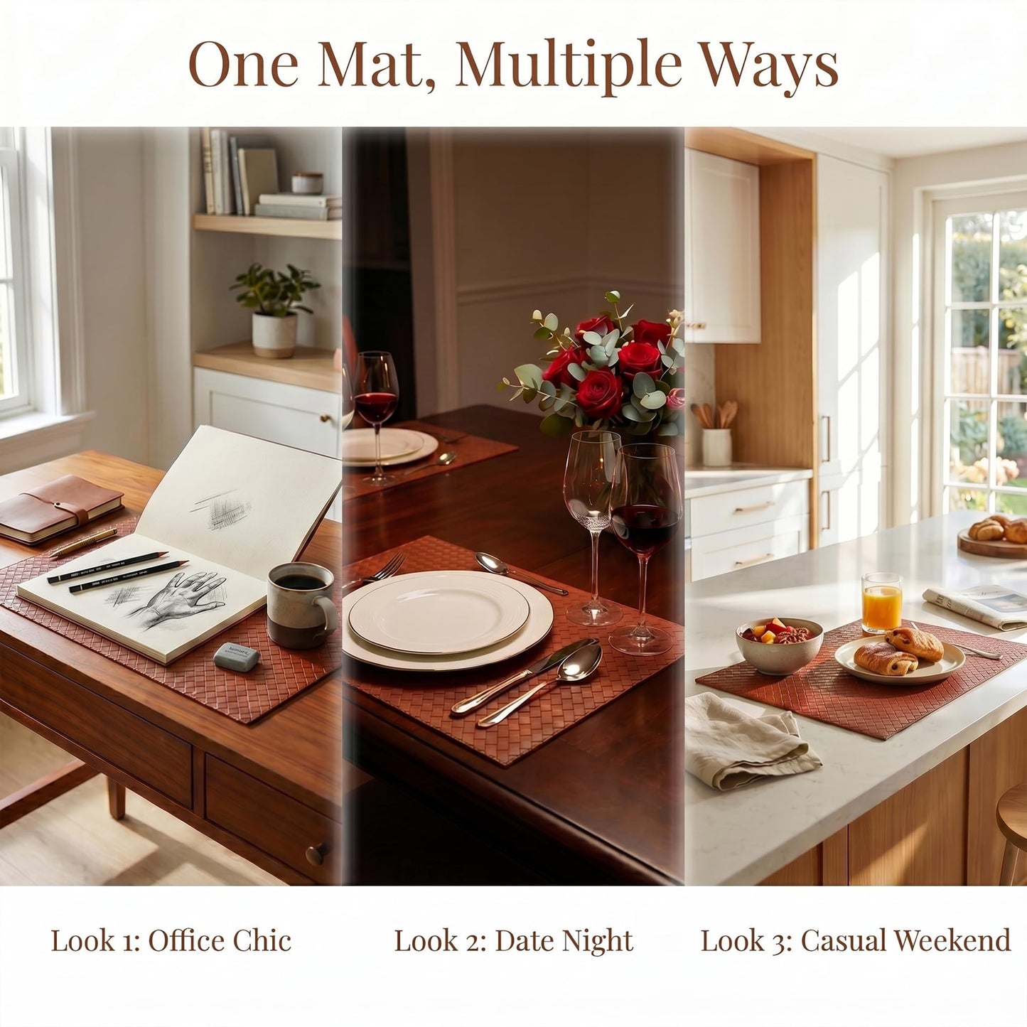 DRMHM Lattice Faux Leather Placemats Set of 6 for Kitchen Dining Table Decor Heat Resistant Table Placemats Waterproof Table Mats 17 * 12in Brown