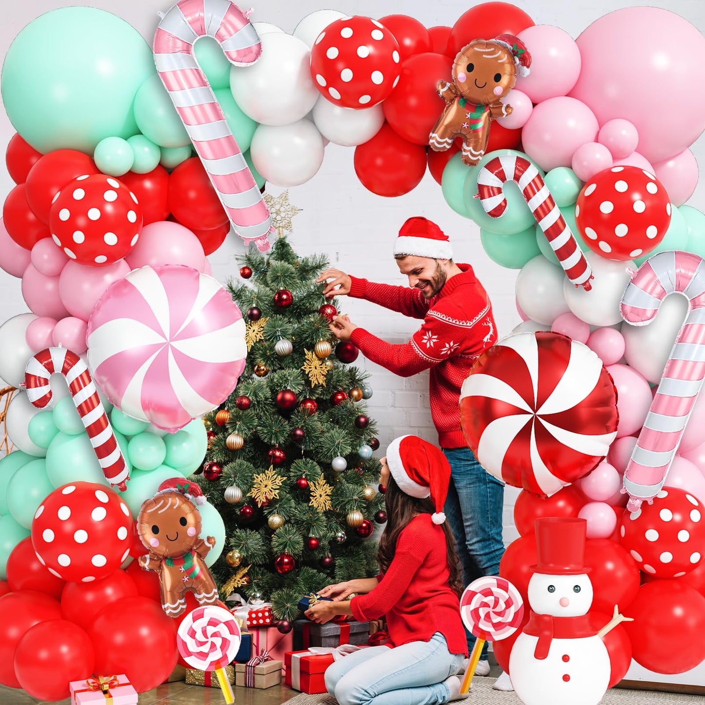 Christmas Balloons Arch Xmas 132PCS Red Pink Green White Balloons Garland for Gingerbread Party Decorations with Cane Foil Balloons Lollipop Candy Balloon New Year Cookie Exchange Decor
