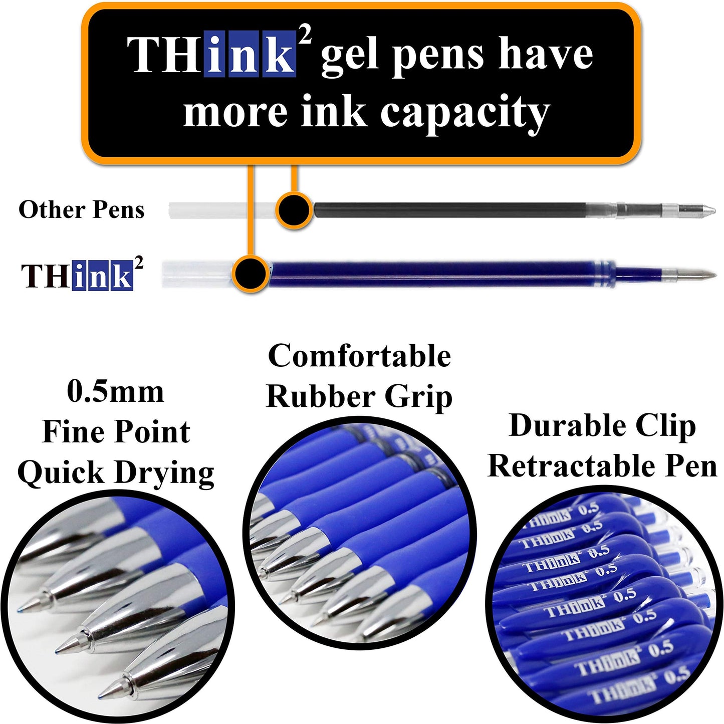 [24 Pens - Blue Ink] Think2 Retractable Gel Pens. (24 Blue) Fine Point (0.5mm) Rollerball Pens with Comfort Grip.