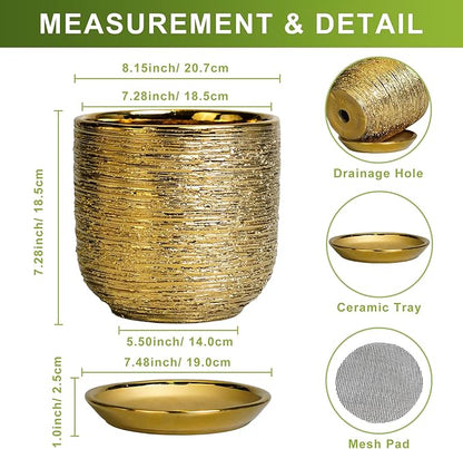 8 Inch Plant Pot - Ceramic Planter with Drainage Hole and Saucer, Modern Round Planter for Indoor Flowers, Gifts for Plant Lovers, Home House Office Room Decor, Gold