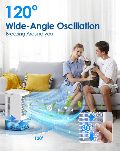 Mini Air Conditioner,Portable Air Conditioners,Evaporative Air Cooler Humidifier, 3 Speed Quiet Personal Cooling Fan, 7-Color LED Night Light, 4/8H Timer for Bedroom, Office, Camping, Car (White)