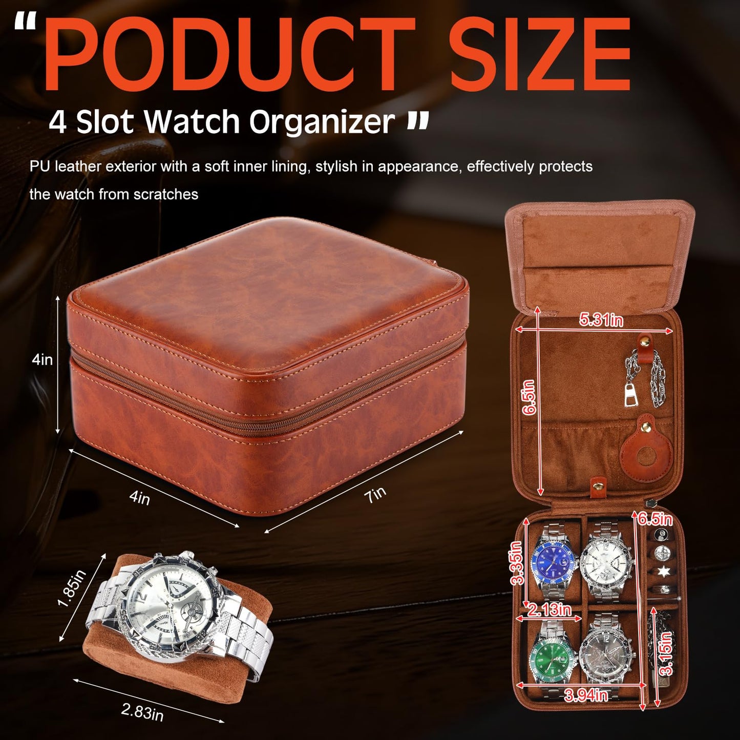 Hinly Travel Watch Case for Men 4 Slots PU Leather Mens Father Jewelry Box with Compartments Zippered Portable Watches Cufflinks Accessories Storage Case Gift(Brown)