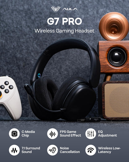 EPOMAKER X Aula G7 Pro Wireless Gaming Headset, Dual Mode BT5.3 & 2.4GHz, 7.1 Surround Sound, 80+ Hour Battery, RGB Light, with Noise Canceling Mic for PS5, PS4, Switch, PC (Black)