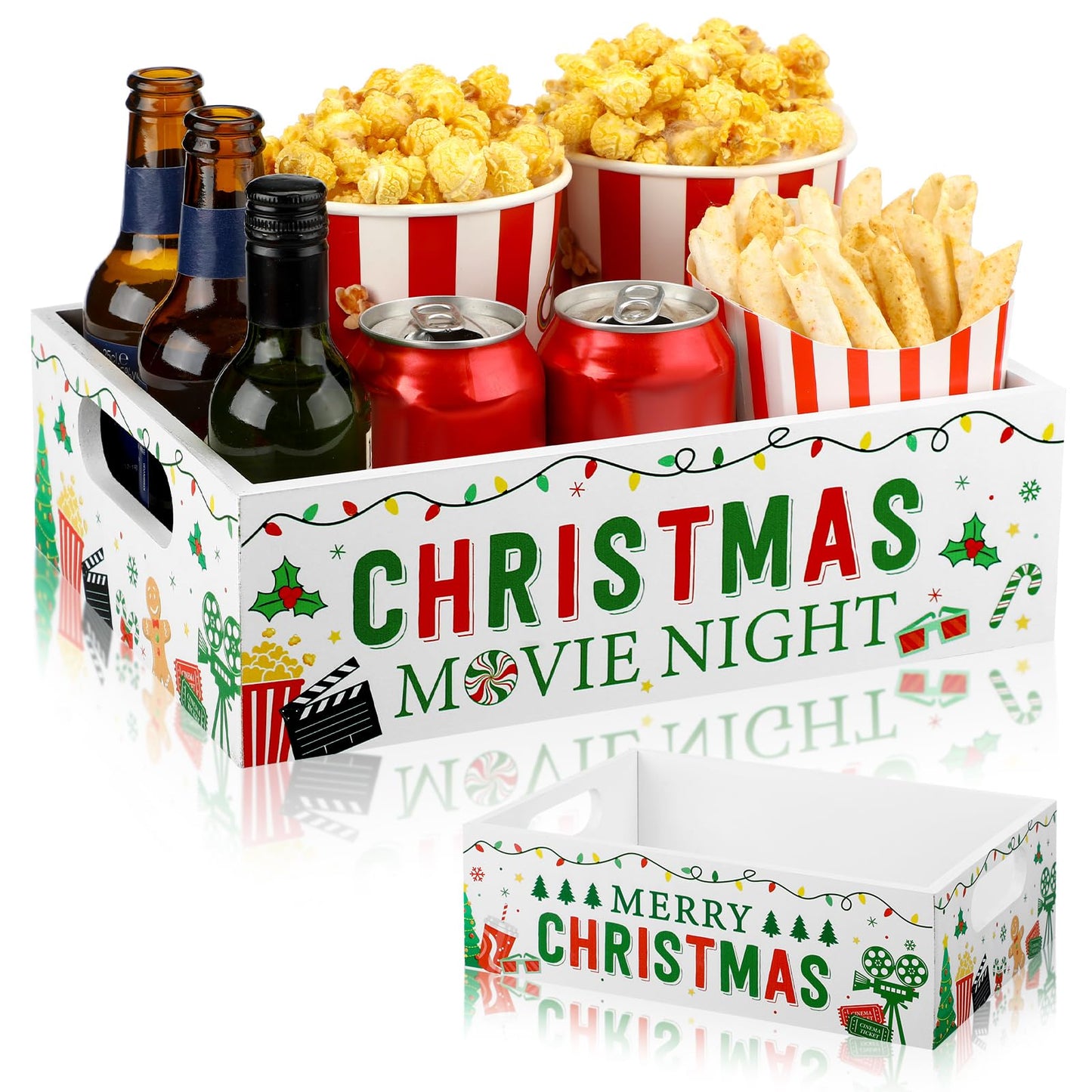 Movie Night Supplies Snack Trays with Handles Reusable Wooden Movie Gift Basket for Theater Popcorn Bucket Bowl Box Container Family Room Decor(Christmas Style 2)