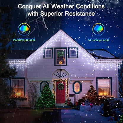 50FT 504 LED Outdoor Christmas Lights - 112 Ice Drops, 12 Pro Modes with Timer Memory & Brightness, Waterproof Hanging Ice String Light for Holiday Wedding Garden Fence House Decor (Cool White)