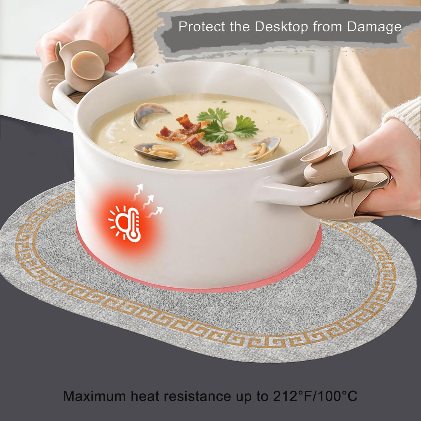 4-Piece Oval Placemats Set - Faux Leather Textured Placemats, Waterproof & Heat-Resistant Coasters, Non-Slip Table Mats for Kitchen Dining Table, Office Desk, Easy Clean, Stain Resistant (Oval-Grey)