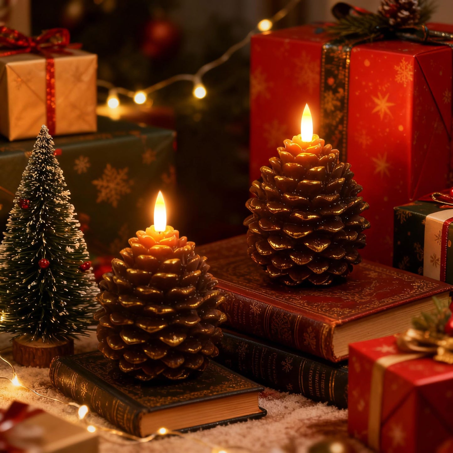 Pansyling 2pcs Flameless Pinecone Candles with Remote, Battery Operated Pine Cone Candles Real Wax Winter Decor, Flickering LED Christmas Decoration, D3.5 x H5 Inch, Brown & Gold Trim