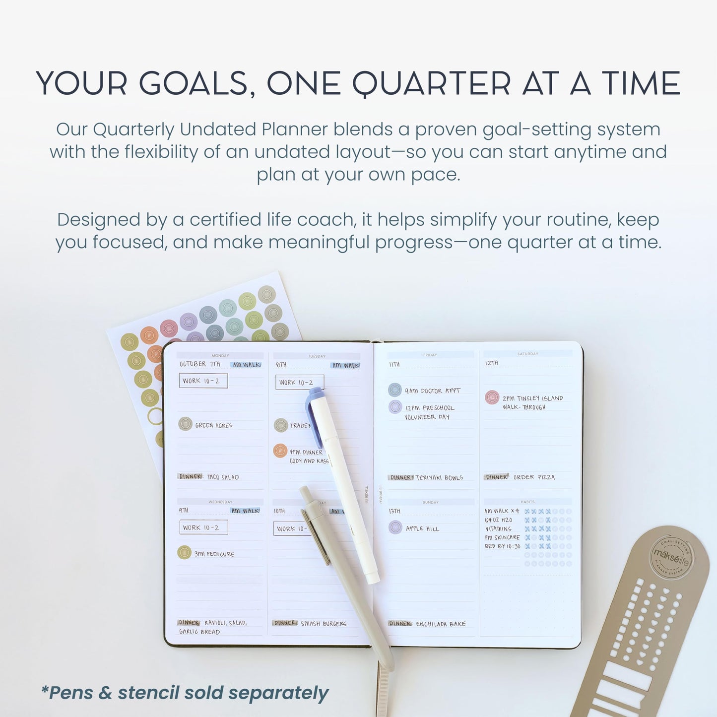 MäksēLife Undated Quarterly Planner - A5 Goal Setting Planner & Personal Journal for Mindful Living, Weekly and Monthly Goal Setting with Habit Tracker & Reflections, Teal