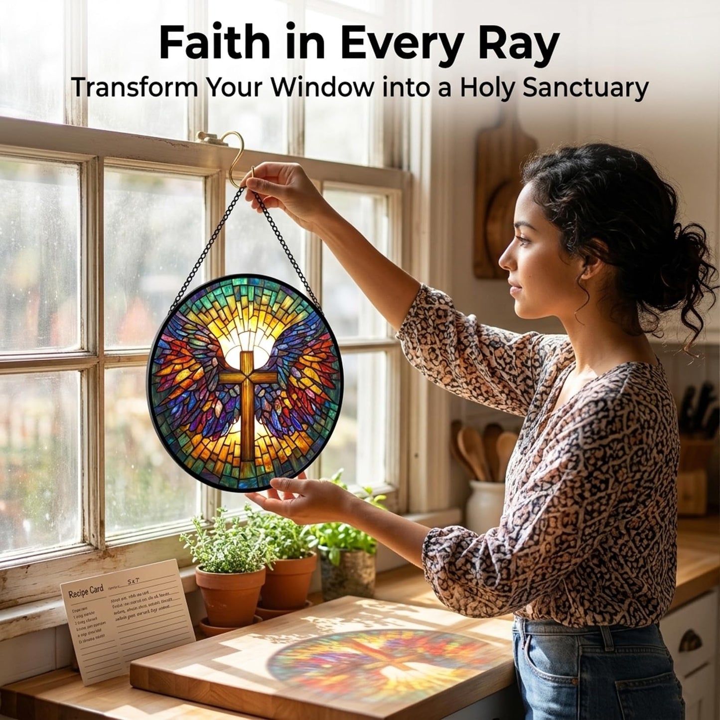 Christian Gifts for Mom - Cross Wings Faux Stained Glass Window Hanging Sun Catcher for Acrylic Home Decor Mother's Day Christmas Easter Religion Gift for Women Nana Men Grandma Wife Dad 7.8"