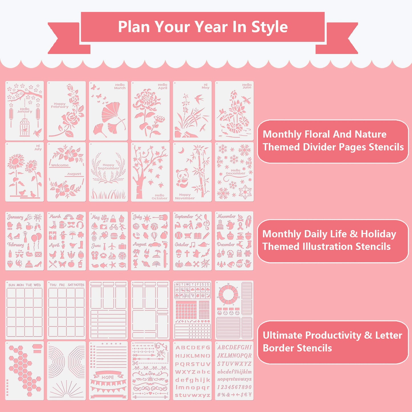 Midenco 30 PCS Bullet Journals Stencils Supplies (5.1x7.9 Inch) Plastic Planner Stencil for Journaling Bujo Accessories Incl Ultimate Productivity and Monthly Seasonal Holiday Themes Stencil