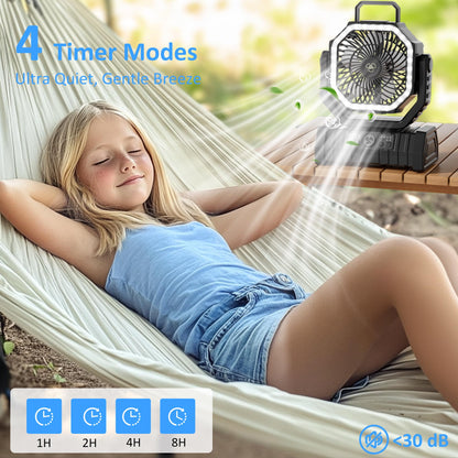 Portable Fan Rechargeable, 20000mAh Cordless Battery Powered Camping Fan with LED Light & Remote, 4 Speeds Wind, Timer, USB C, 360° Hanging Hook, Oscillating Fans for Travel Tent, Camping Essentials