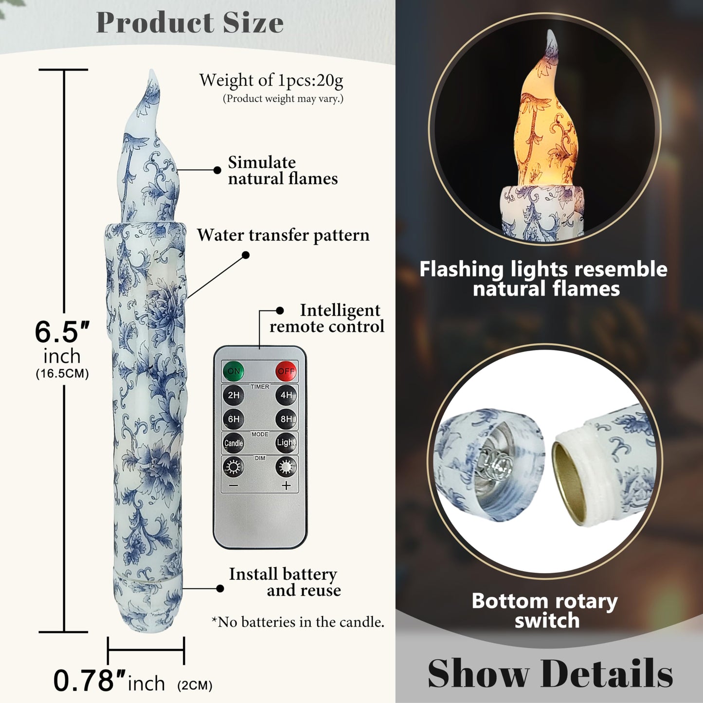 FCMSHAMD Blue and White Porcelain Flameless Short Taper Candles, Drip LED Battery Operated with Remote, Flickering Flame Lights for Home Décor, 6.7 Inch Primitive Flameless Print Candles, 4PCS