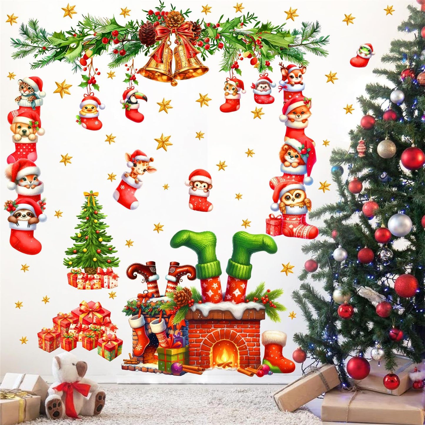 Christmas Fireplace Wall Decals Large Winter Pine Tree Branch Wall Stickers Xmas Bell Funny Animal Holiday Wall Decorations Removable Merry Christmas Wall Stickers Party Supplies