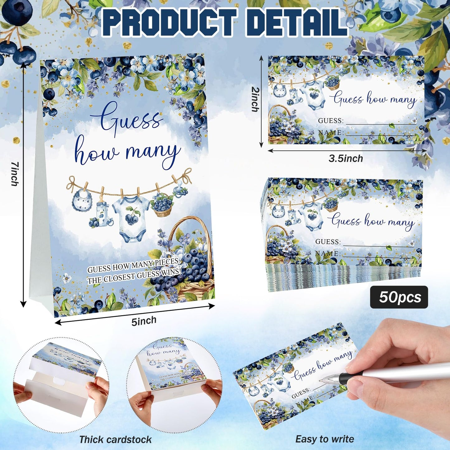Lerheedi Blueberry Guess How Many Baby Shower Game Pack of 1 Tabletop Sign with Stand and 50 How Many Cards, a Berry Sweet Baby Is on the Way Gender Reveal Party Game Decoration