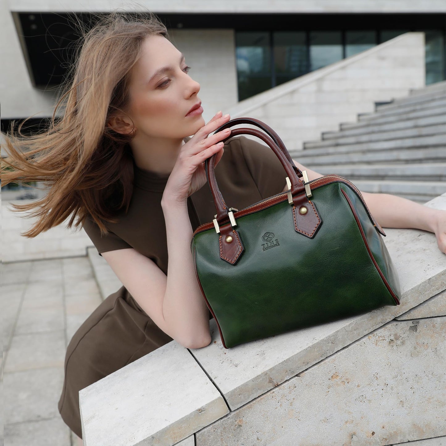 Time Resistance Leather Handbag - Full-Grain Leather Purse for Women - Top Handle Bag - Tote Bag (Green)