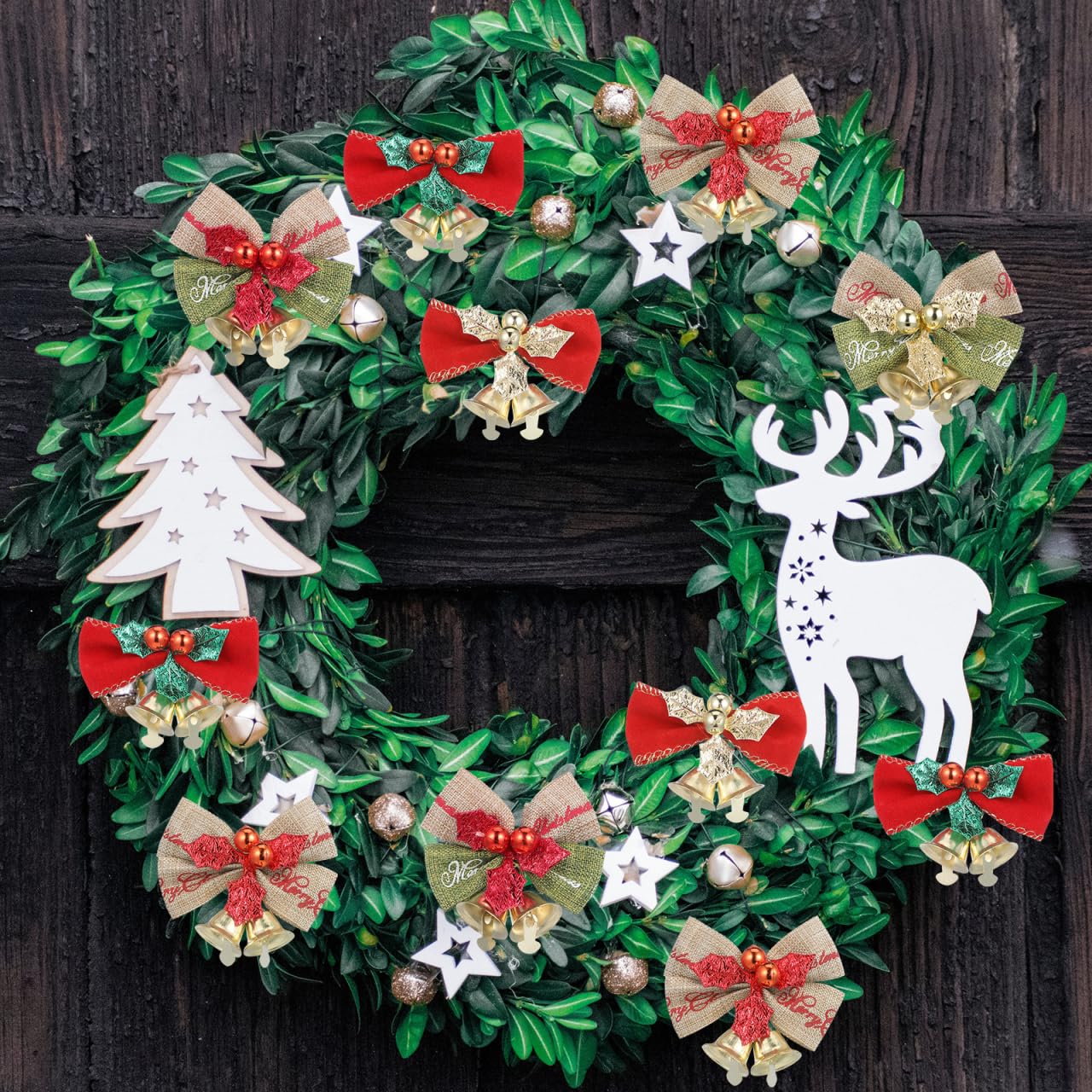 Mini Christmas Bows Ornaments with Bells: 25 Pcs Small Linen Bows and Metal Jingle Bells for DIY Crafts Xmas Tree Hanging Party Wedding Decorations 2.2 Inches