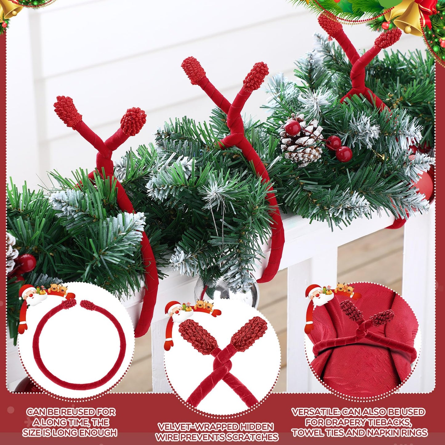Zhengmy 16 Pcs 25 Inches Christmas Velvet Garland Ties Christmas Decorative Twist Ties for Banister Reusable and Flexible Twist for Xmas Home Decorations Holiday Craft Wrapping(Red)