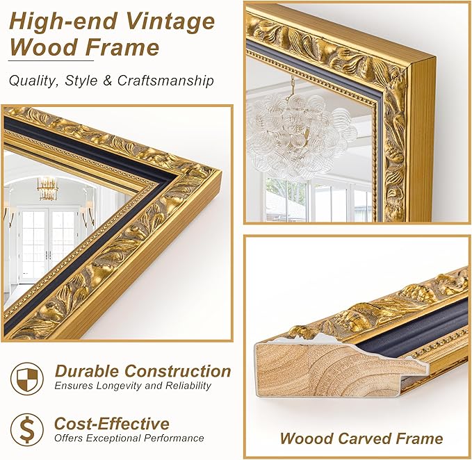 Large Antique Wall Decorative Mirror, 46'' x 22'' Black Gold Retro Wall Decor Mirror, Rectangular Vintage Gold Mirrors for Bathroom, Entryway, Dining Room, Fireplace